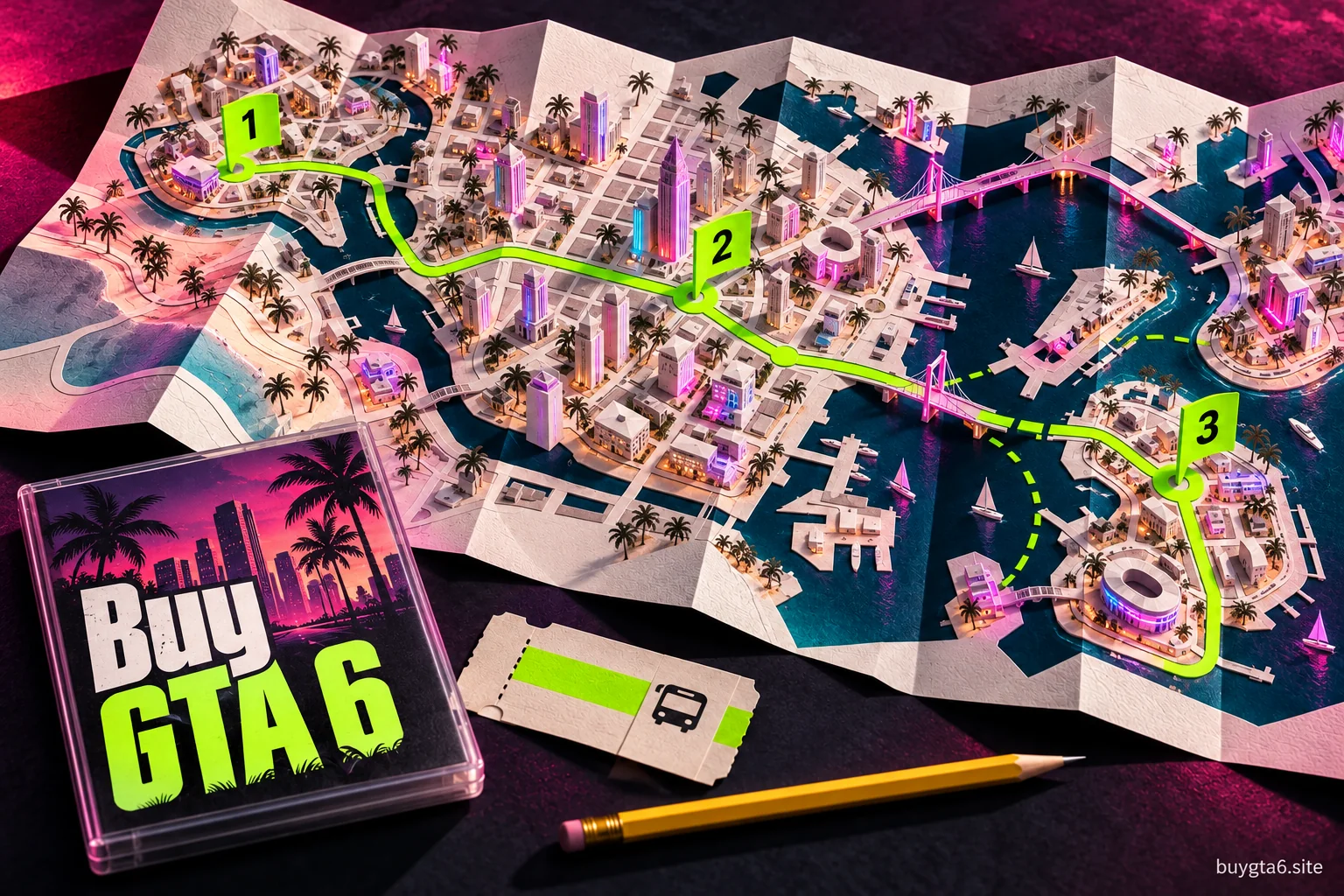 Buy GTA 6 folded city map with three green numbered destinations and coastal lights