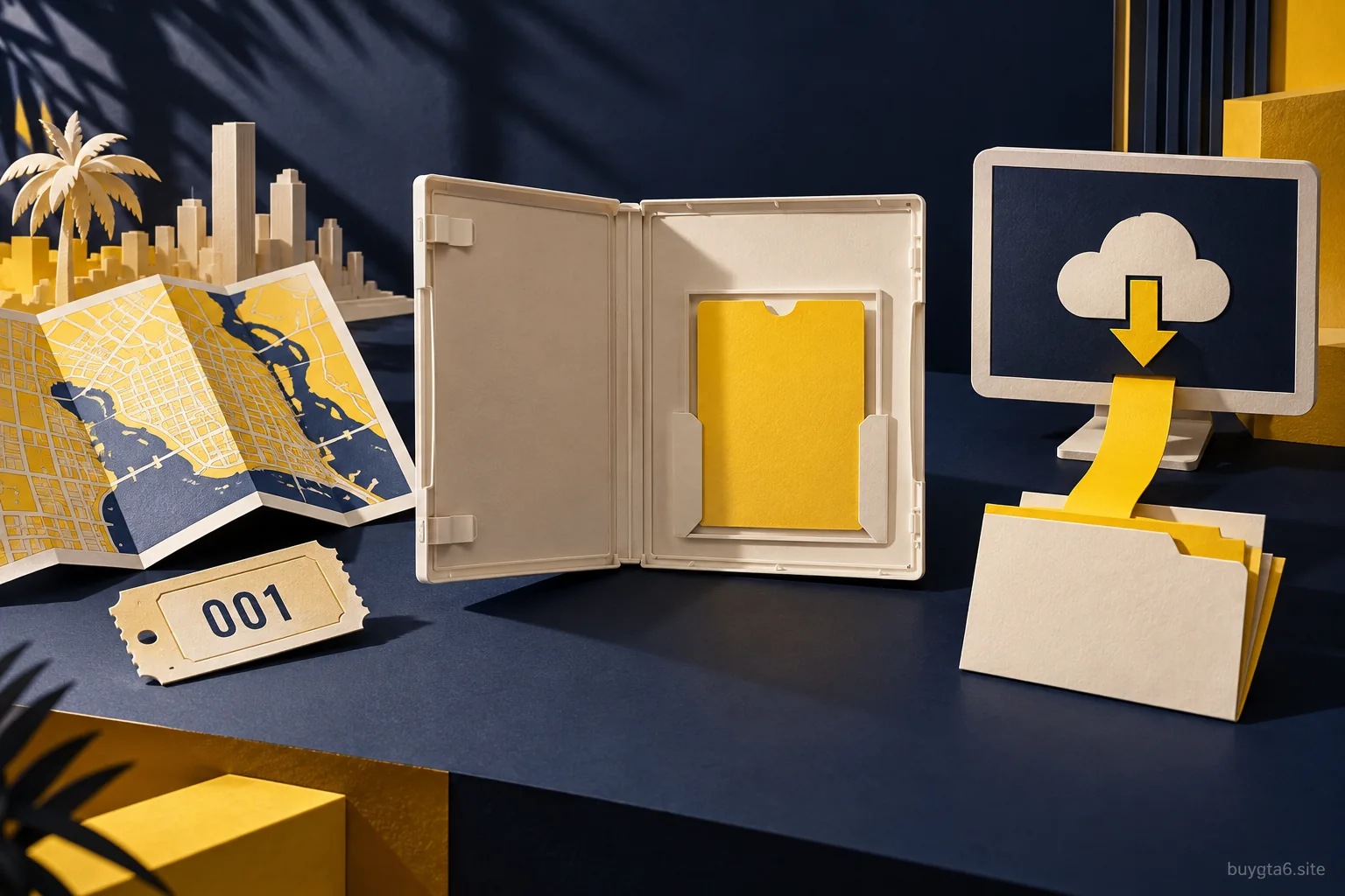 Paper objects illustrating a collection ticket, a code package and a digital download